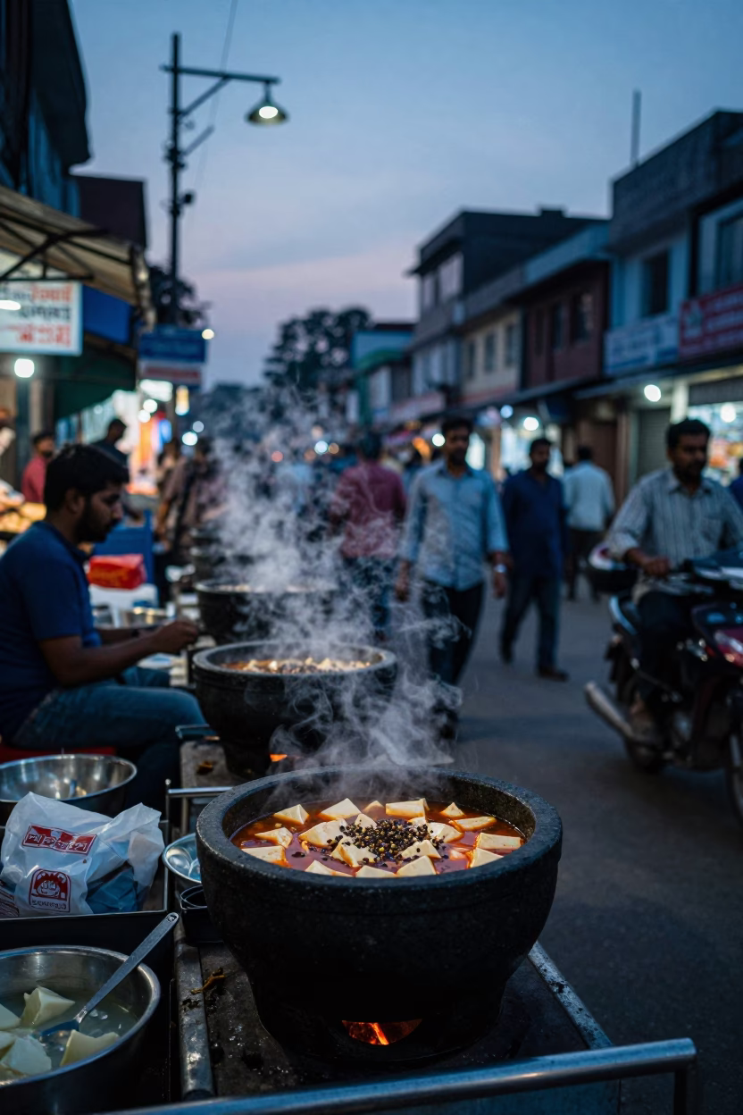 Busy Delhi Street at Indigo Twilight with Stone Pot of Mapo Tofu and Hourglass in in Delhi, India