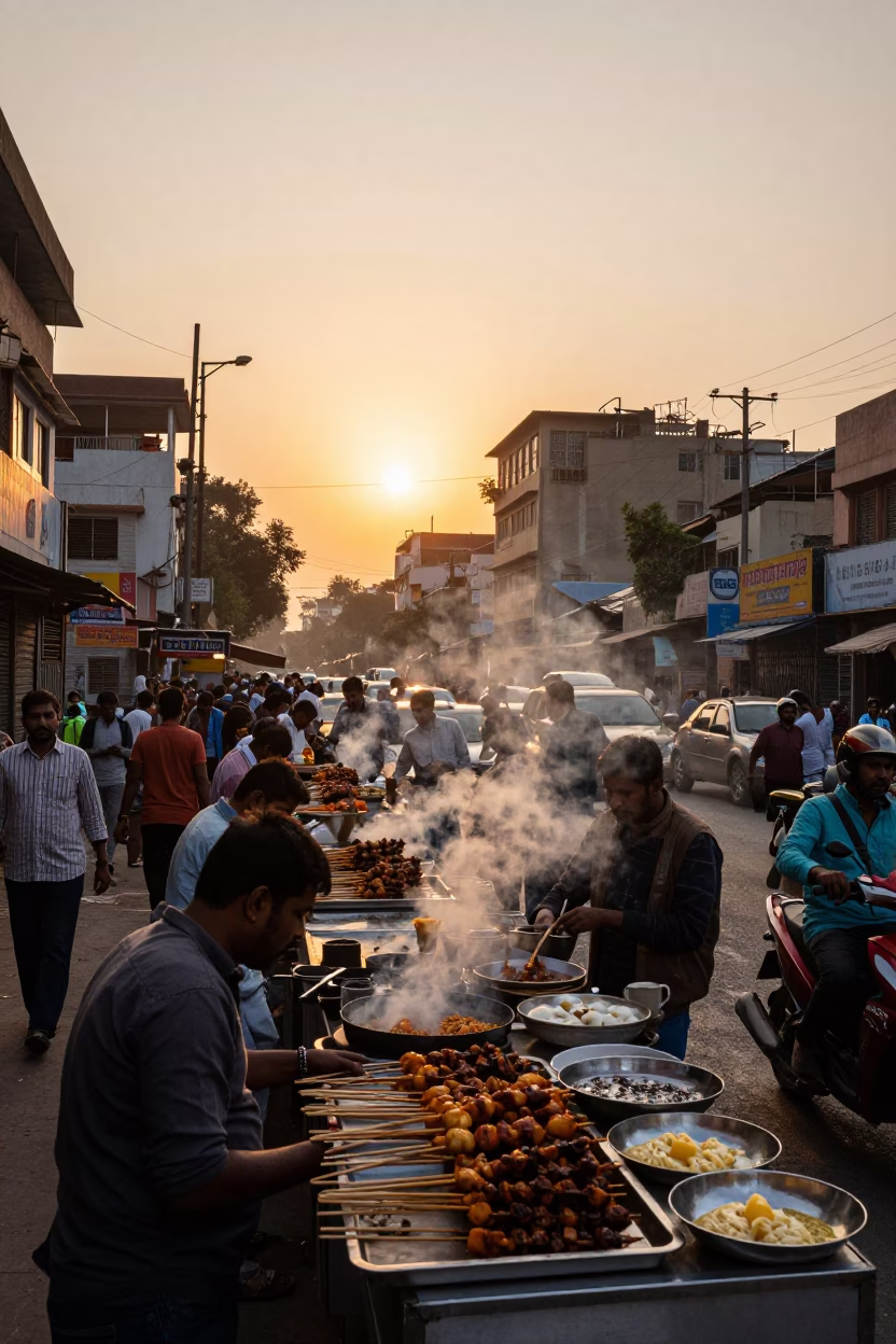 Busy Delhi Street at Sunset with Sate Skewers and Traditional Apron in in Delhi, India