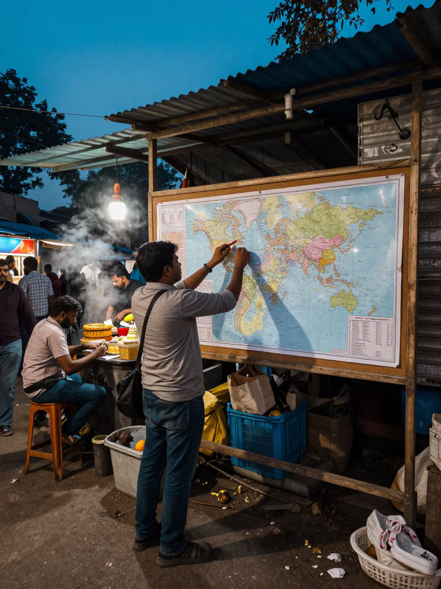 Busy Delhi Street at Twilight with Teacher Pinning Maps and Steam Haze in in Delhi, India