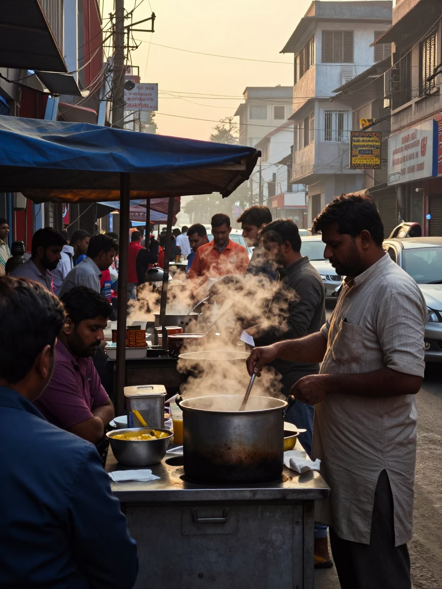 Busy Delhi Street Breakfast Scene at Dawn with Fresh Mint Leaves and Steam in in Delhi, India