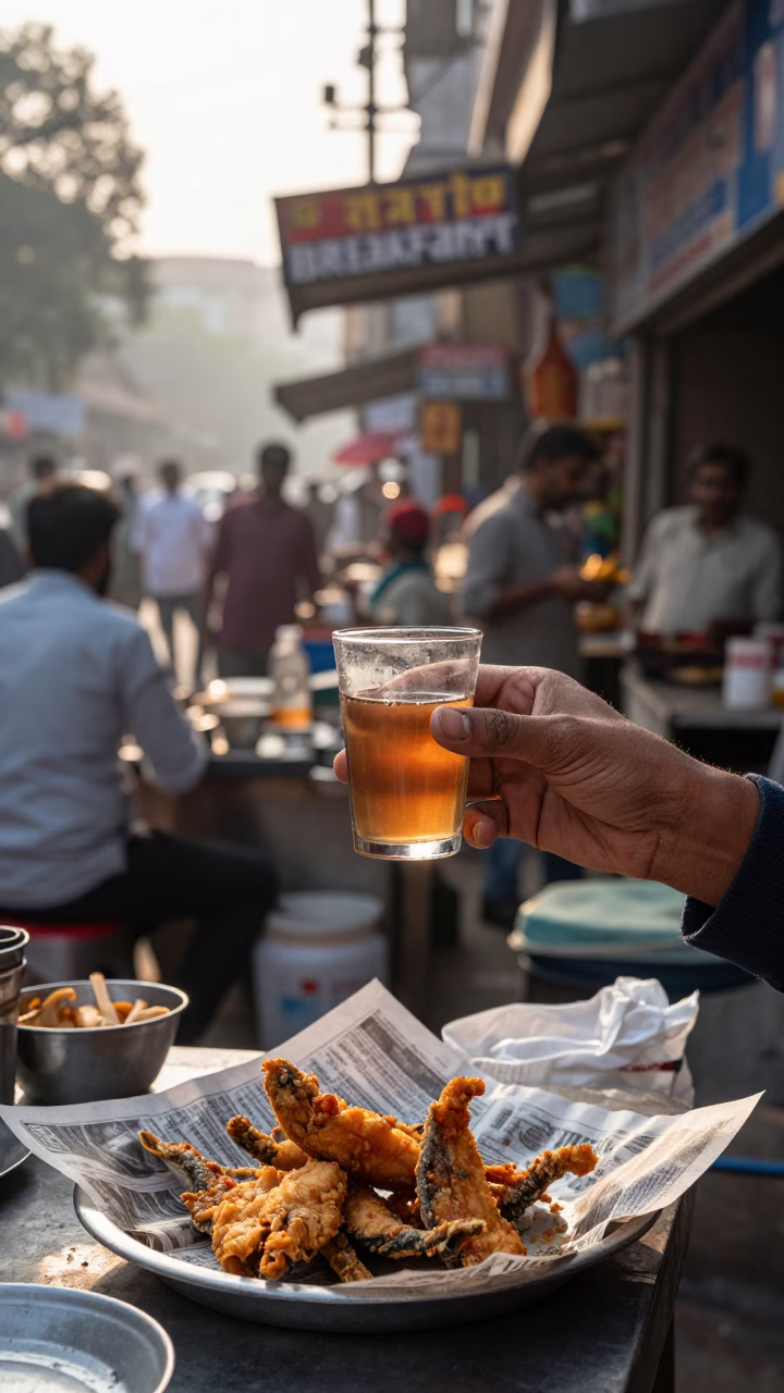 Busy Delhi Street Breakfast Stall with Glass Tumbler and Plate of Fish After Sunrise in in Delhi, India