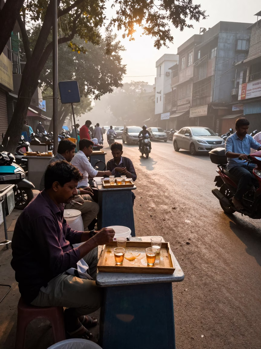 Busy Delhi Street Corner at Dawn with Tea Tray and Canisters in in Delhi, India