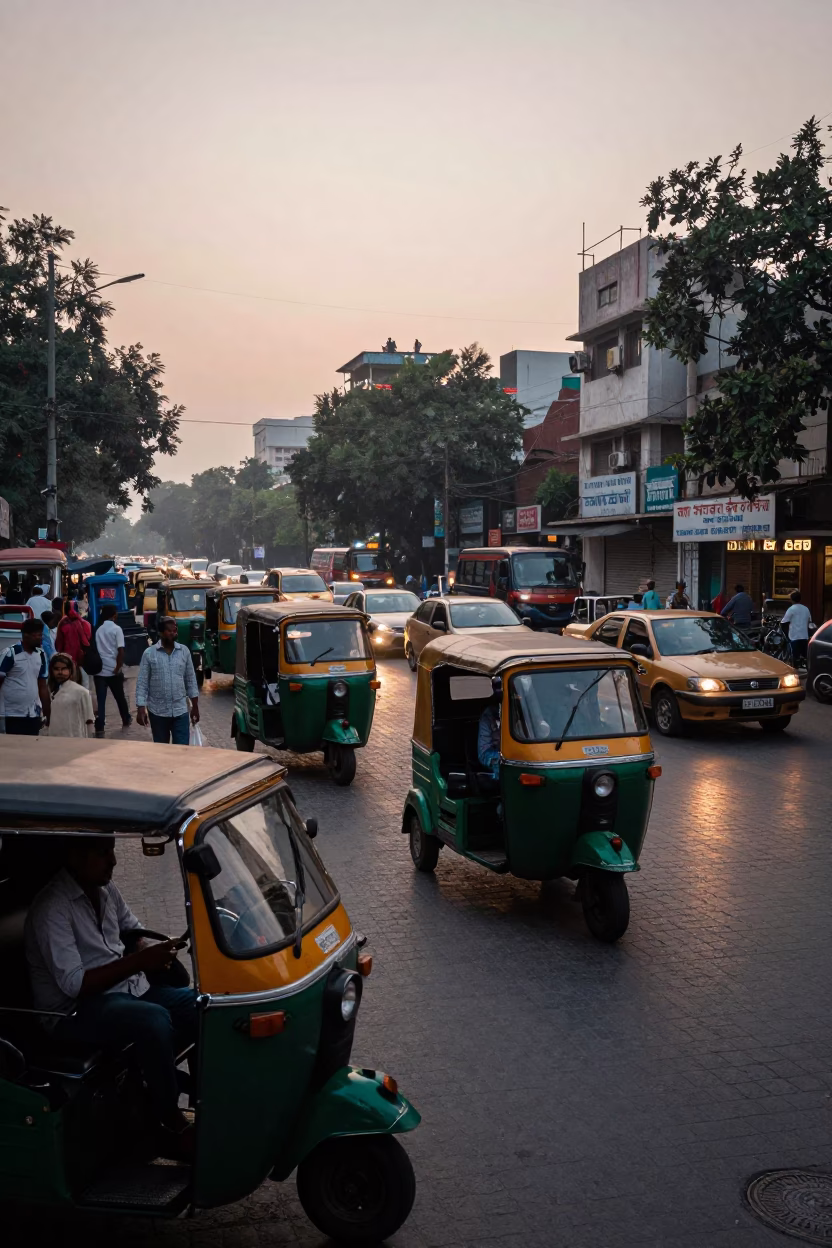 Busy Delhi street corner at dawn with traffic and pedestrians in in Delhi, India
