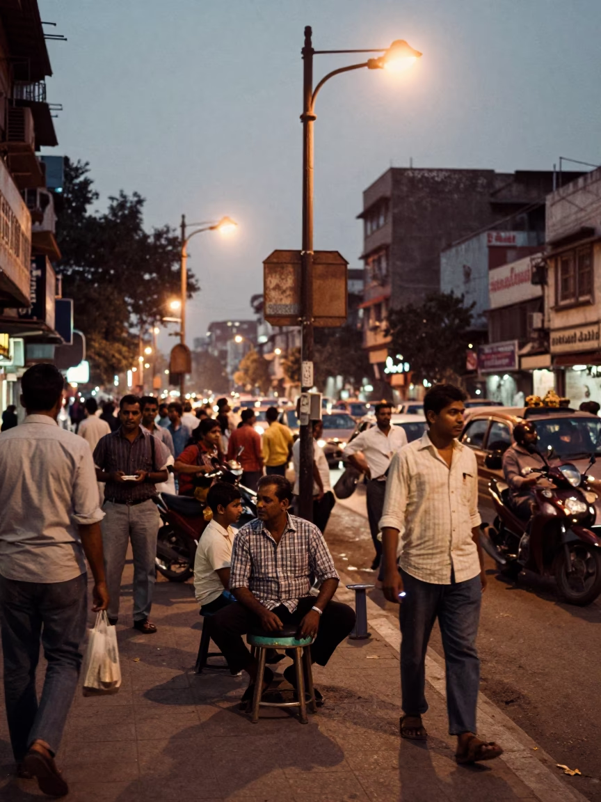 Busy Delhi Street Corner at Dusk with Stool and Evening Activity in in Delhi, India