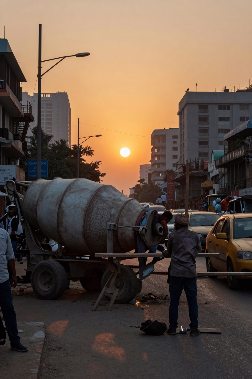 Busy Delhi Street Corner at Sunset with Construction Workers and Local Vendors in in Delhi, India