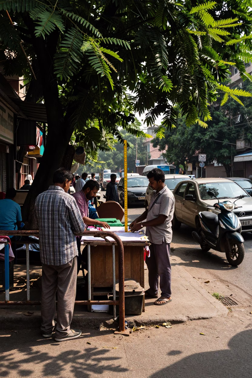 Busy Delhi Street Corner Early Afternoon with Folding Ruler and Leaf Shadows in in Delhi, India