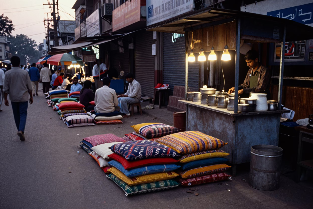 Busy Delhi street corner early evening with cushions and local life in in Delhi, India
