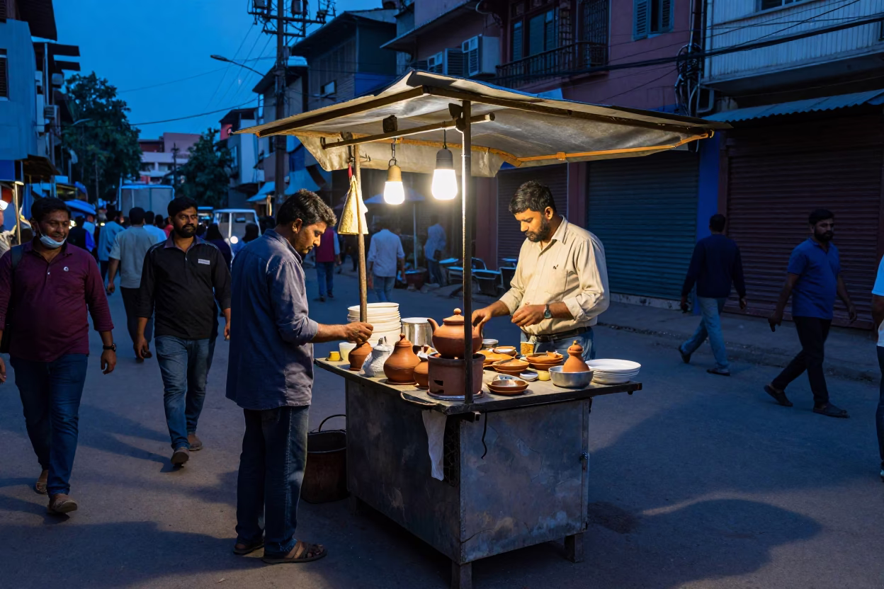 Busy Delhi Street Corner Evening Tea Stall with Clay Teapot and Cat in in Delhi, India