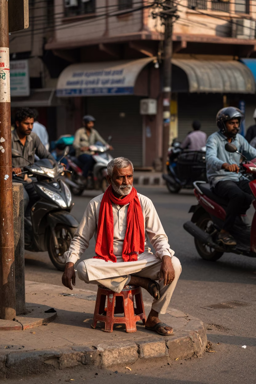 Busy Delhi Street Corner Late Afternoon Life with Stool and Scarf in in Delhi, India