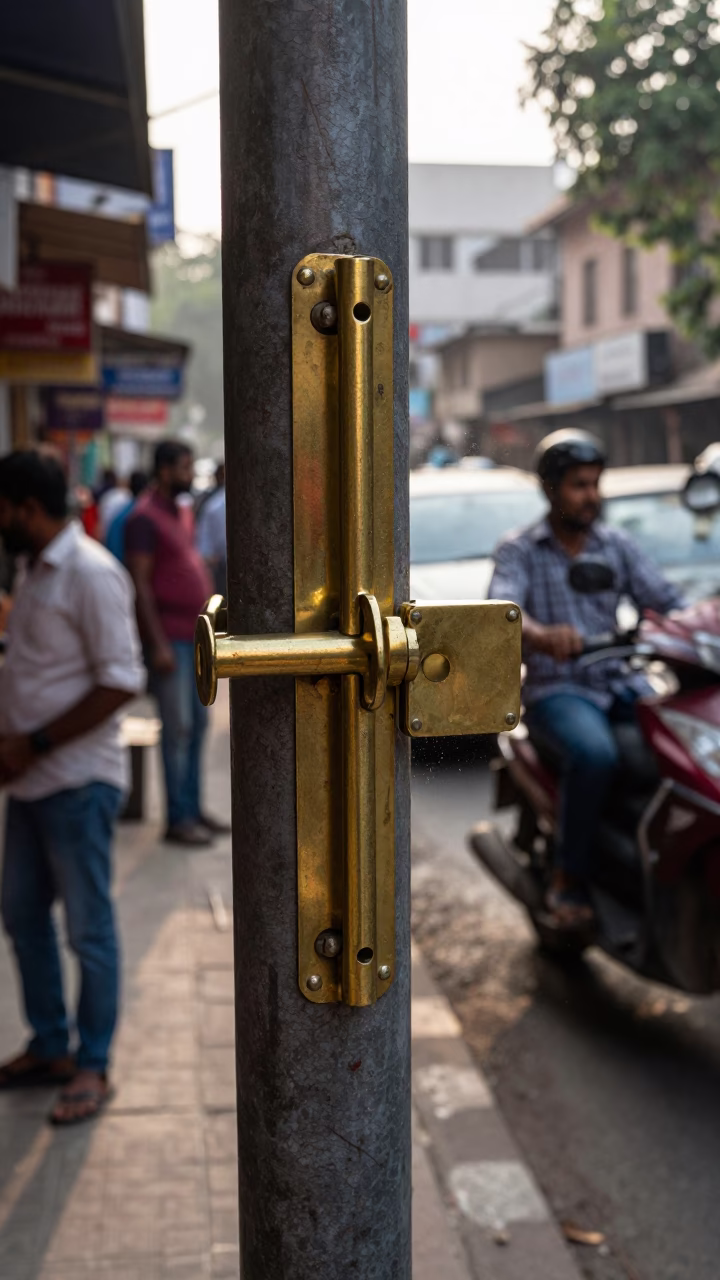 Busy Delhi Street Corner Late Morning with Iron Deadbolt and Dusty Latch Details in in Delhi, India