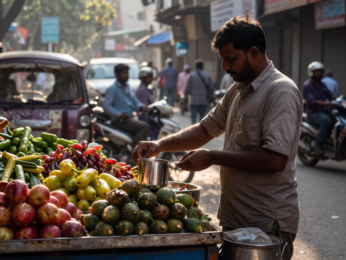 Busy Delhi Street Corner Late Morning with Measuring Cup and Tomatoes in in Delhi, India
