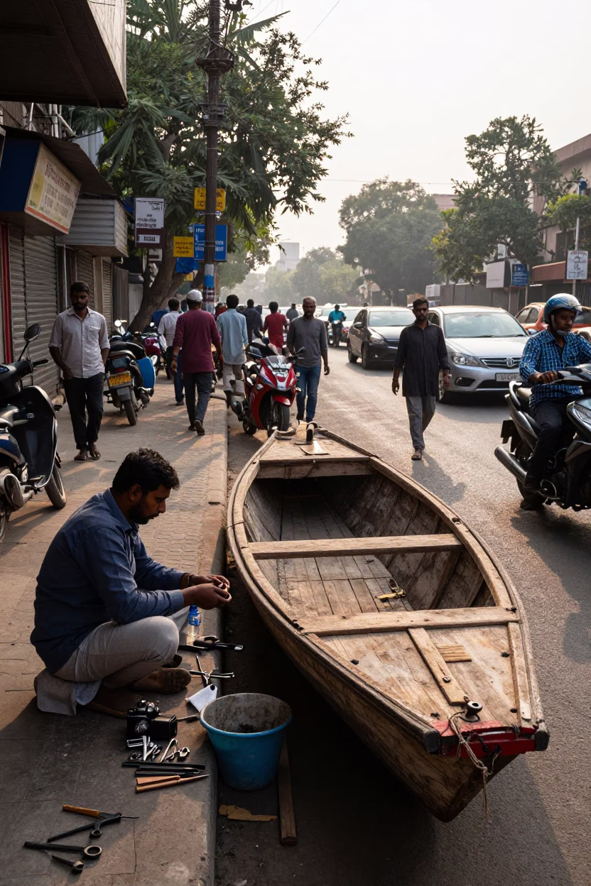 Busy Delhi Street Corner Late Morning with Vendor and Wooden Boat Hull in in Delhi, India