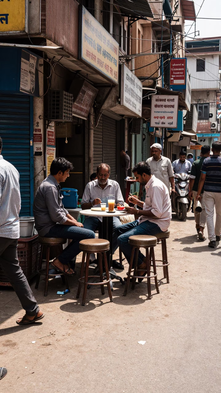 Busy Delhi Street Corner with Bar Stools and Local Traffic in Bright Midmorning Light in in Delhi, India