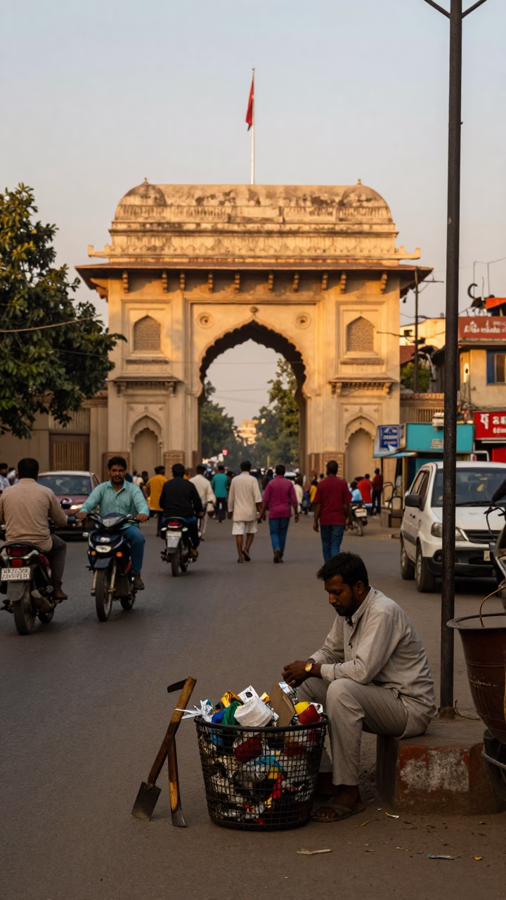 Busy Delhi Street Evening with Crowbar and Scrap Basket Near University Archway in in Delhi, India