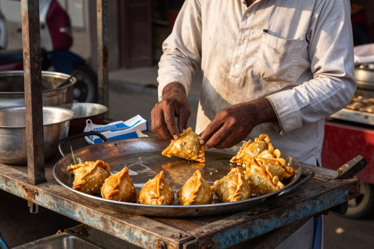 Busy Delhi Street Food Stall Early Afternoon Brass Plate Samosas and Chutney in in Delhi, India