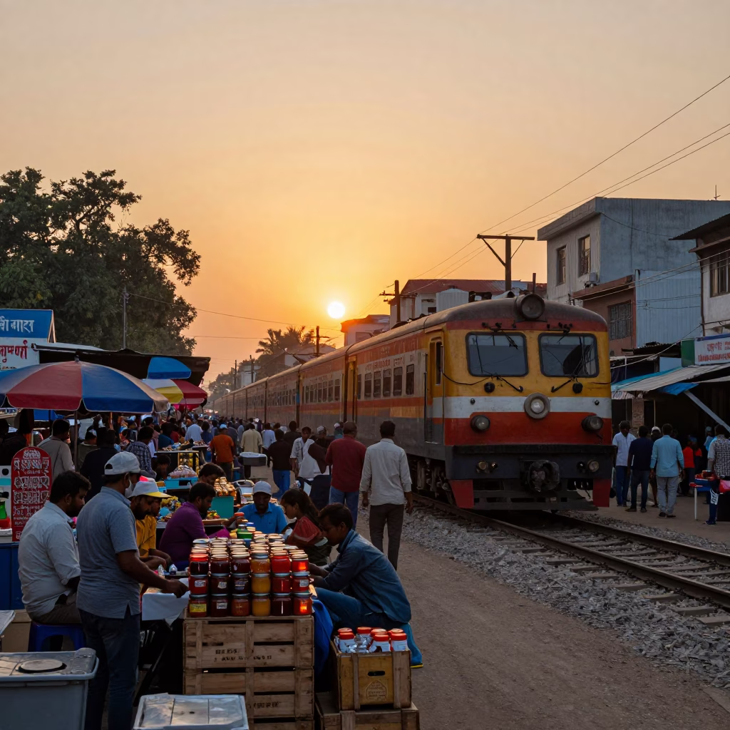 Busy Delhi Street Market at Sunset with Narrow Gauge Train and Jam Jars in in Delhi, India