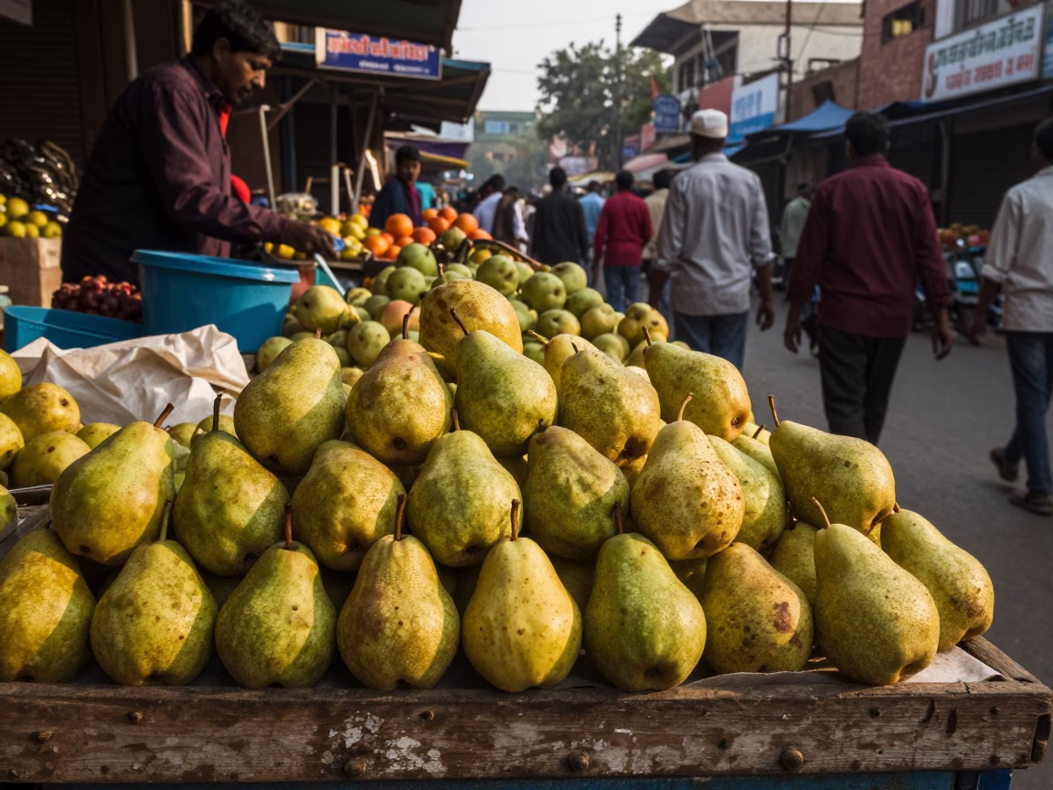 Busy Delhi Street Market Late Afternoon with Pears and Vintage Details in in Delhi, India