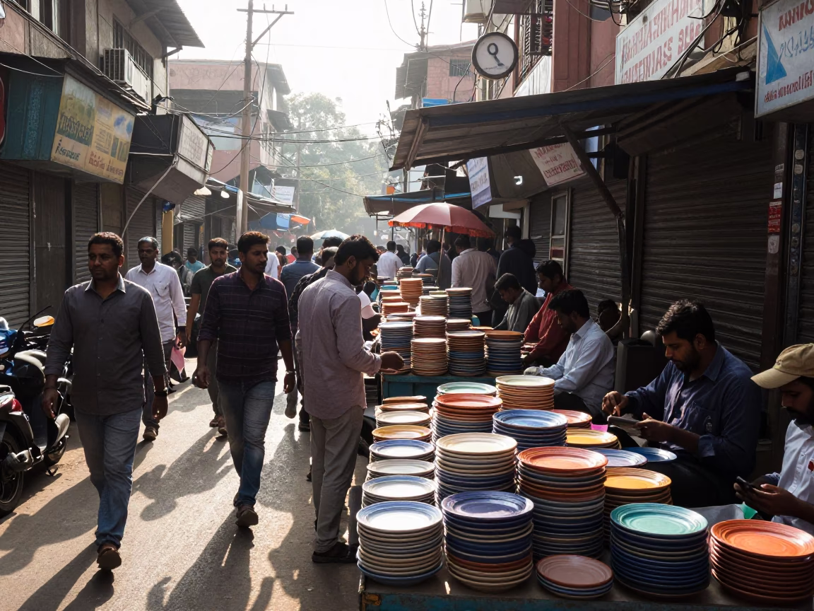 Busy Delhi Street Market Late Morning with Ceramic Plates and Dust on Drain in in Delhi, India