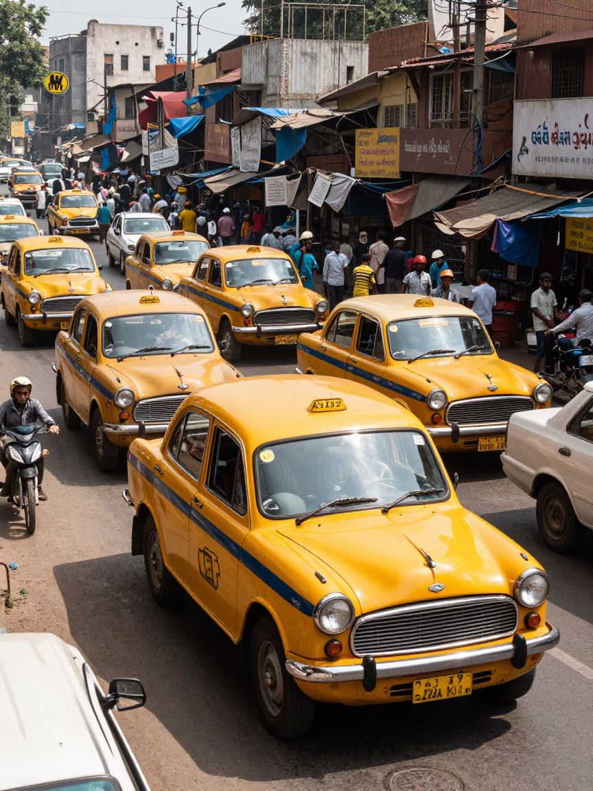 Busy Delhi Street Market Scene with Yellow Taxi and Ceramic Tile Shop at Midday in in Delhi, India