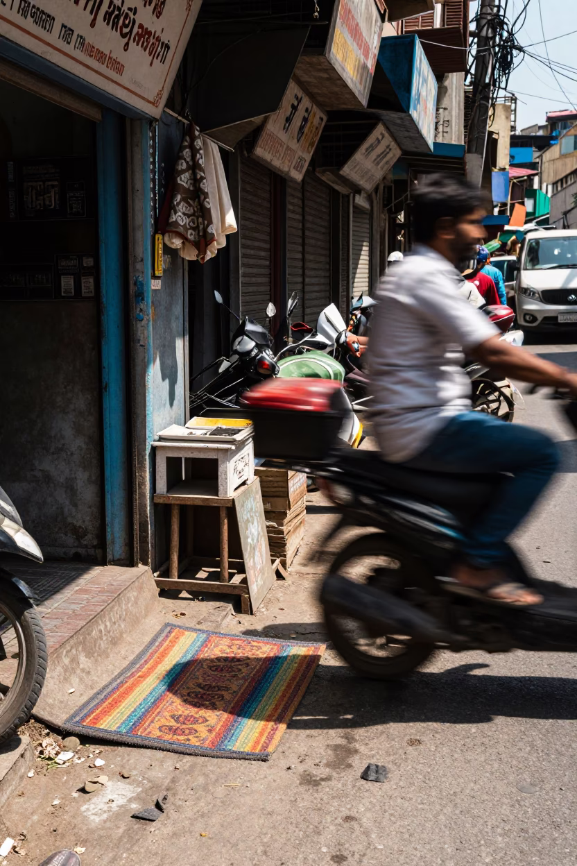 Busy Delhi Street Midday Scene with Doormat and Spinning Top on Concrete in in Delhi, India