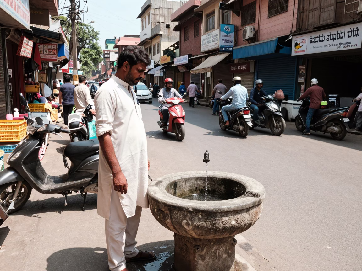Busy Delhi Street Midday Scene with Local Shopkeeper and Traditional Wash Basin in in Delhi, India