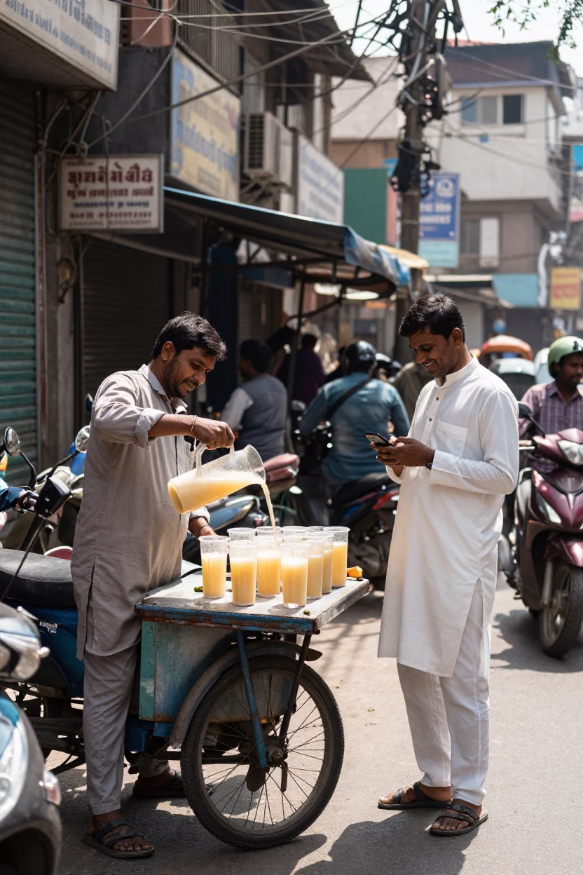 Busy Delhi Street Midday Scene with Sugarcane Juice Vendor and Local Interactions in in Delhi, India