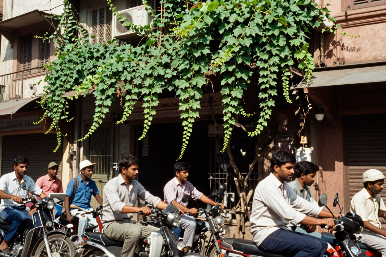 Busy Delhi Street Midday Scene with Vine Plant and Local Market Activity in in Delhi, India