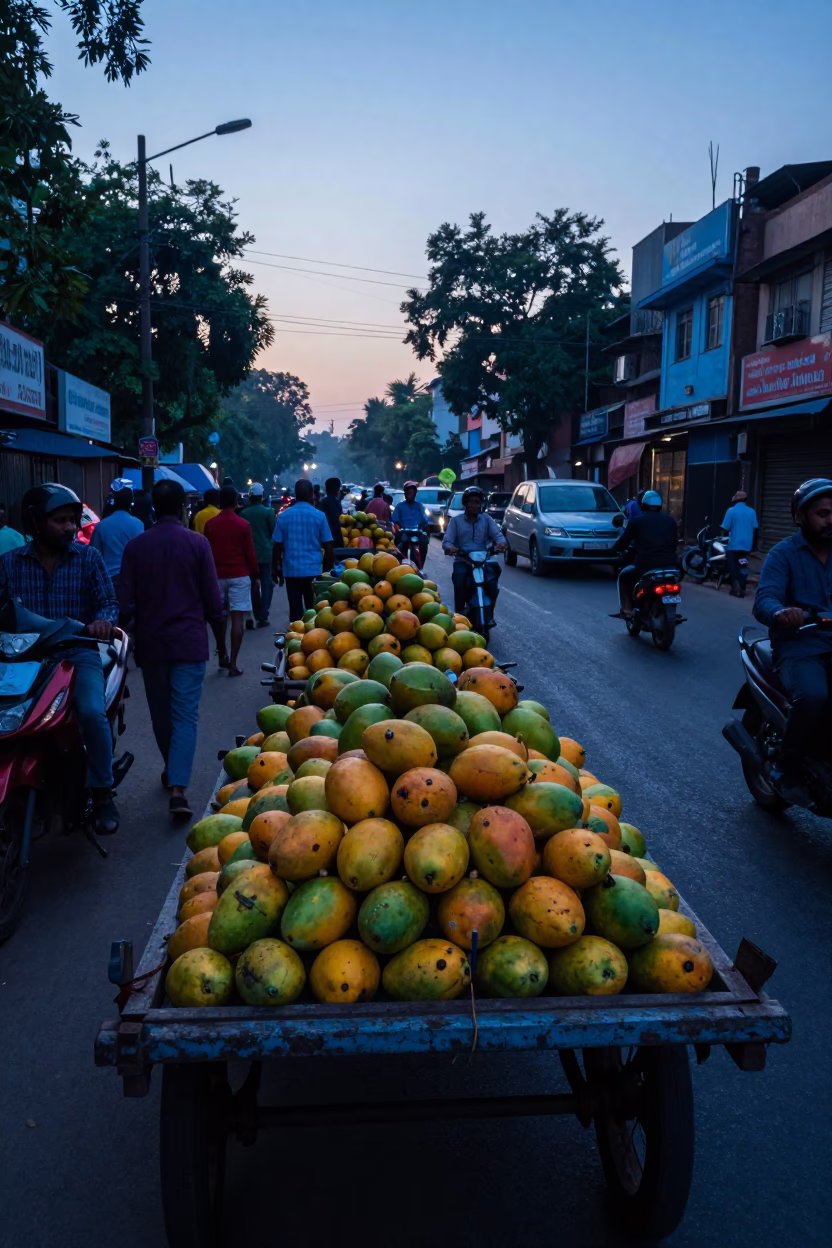 Busy Delhi Street Morning Before Sunrise with Mangoes and Morning Rituals in in Delhi, India