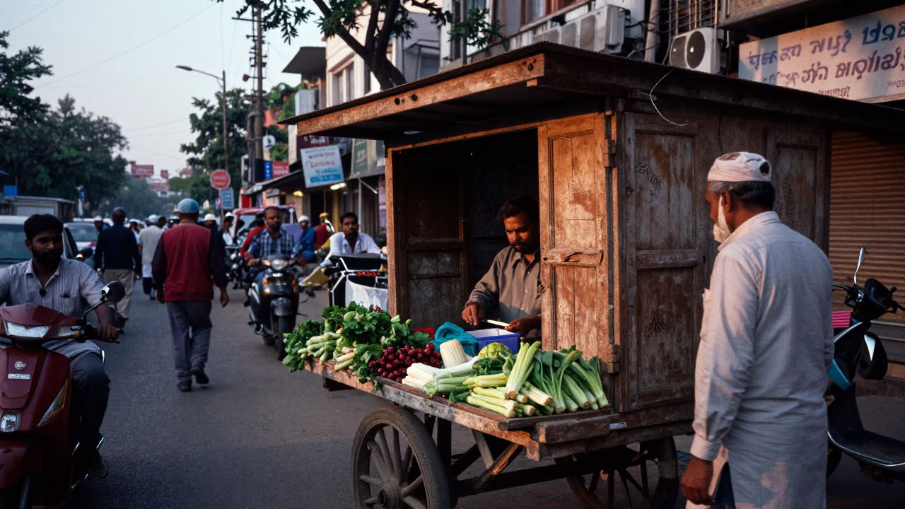 Busy Delhi Street Morning Nautical Dawn with Scars and Urban Life in in Delhi, India