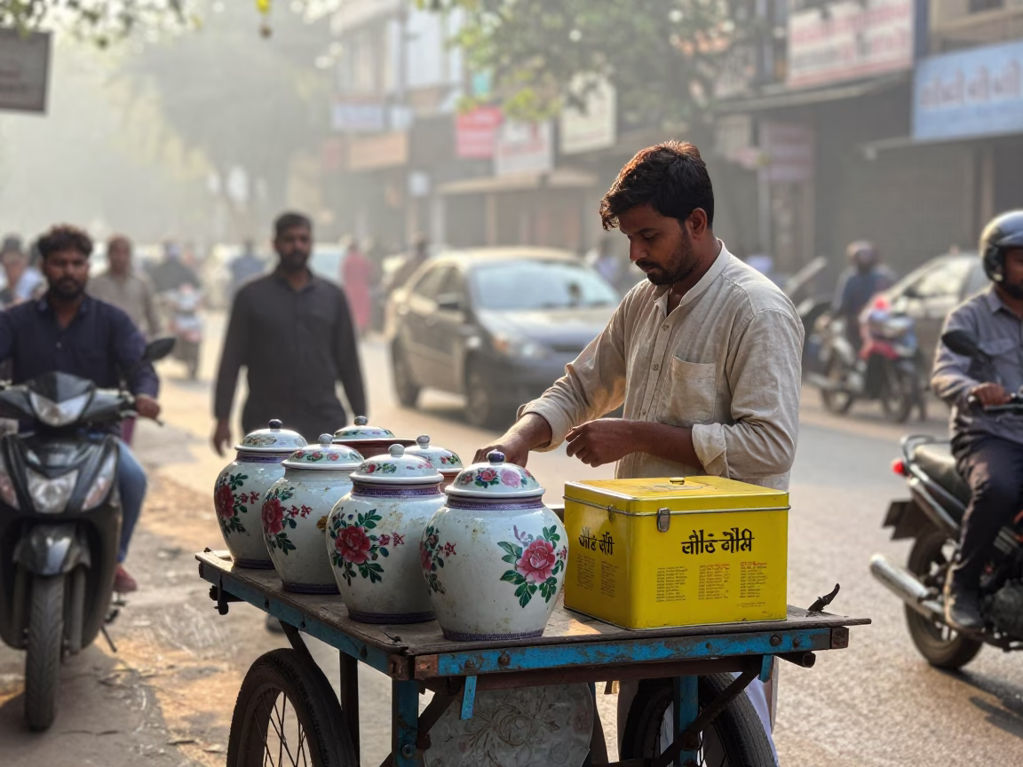 Busy Delhi Street Morning Scene with Vendor and Traditional Items in in Delhi, India