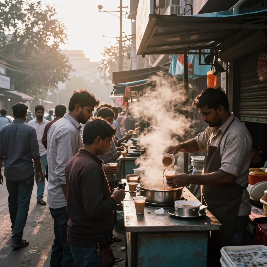 Busy Delhi Street Morning Tea Stall with Chai and Radishes After Sunrise in in Delhi, India