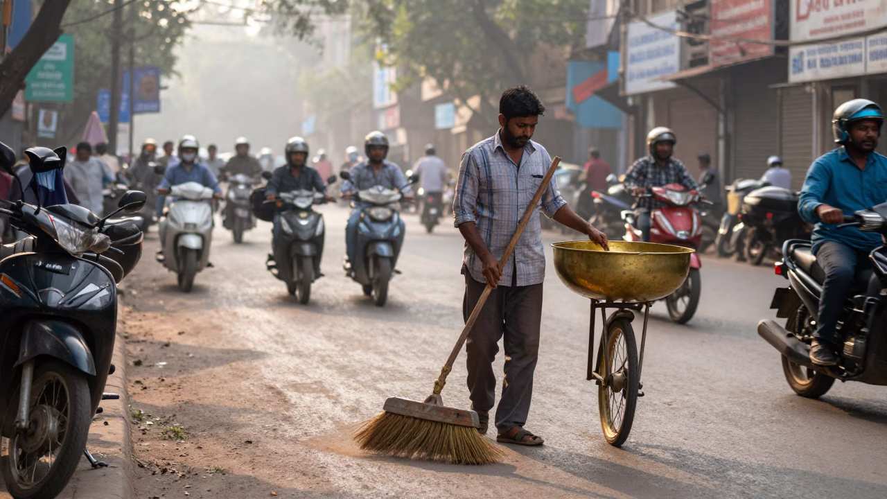 Busy Delhi Street Morning with Broom and Brass Runner Detail in in Delhi, India