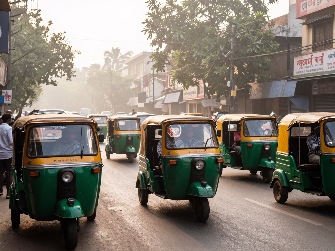 Busy Delhi Street Morning with Mango Vendor and Auto Rickshaw Traffic in in Delhi, India