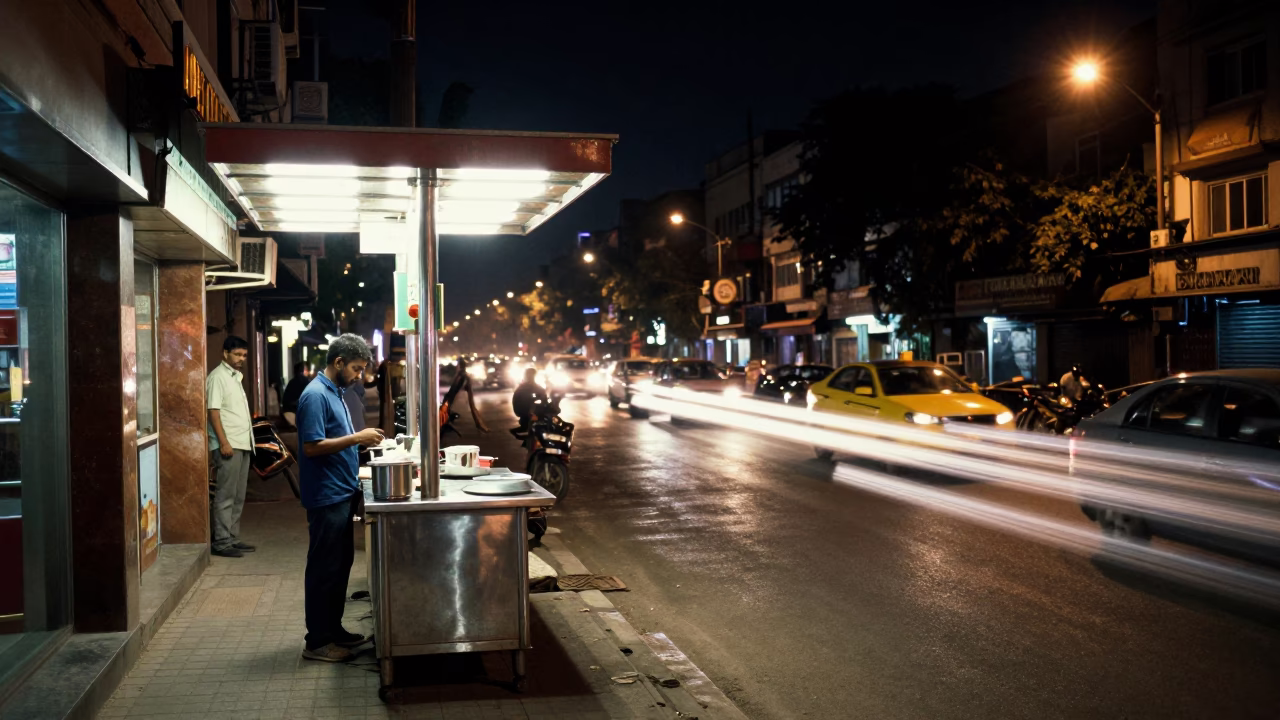 Busy Delhi Street Night Scene with Valet Stand and Headlight Streaks Under Hotel Awning in in Delhi, India
