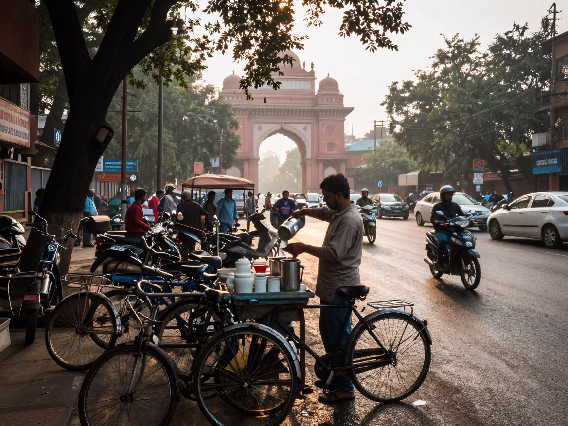 Busy Delhi Street Scene at Dawn with Tea Vendor and Bicycle Rack in in Delhi, India