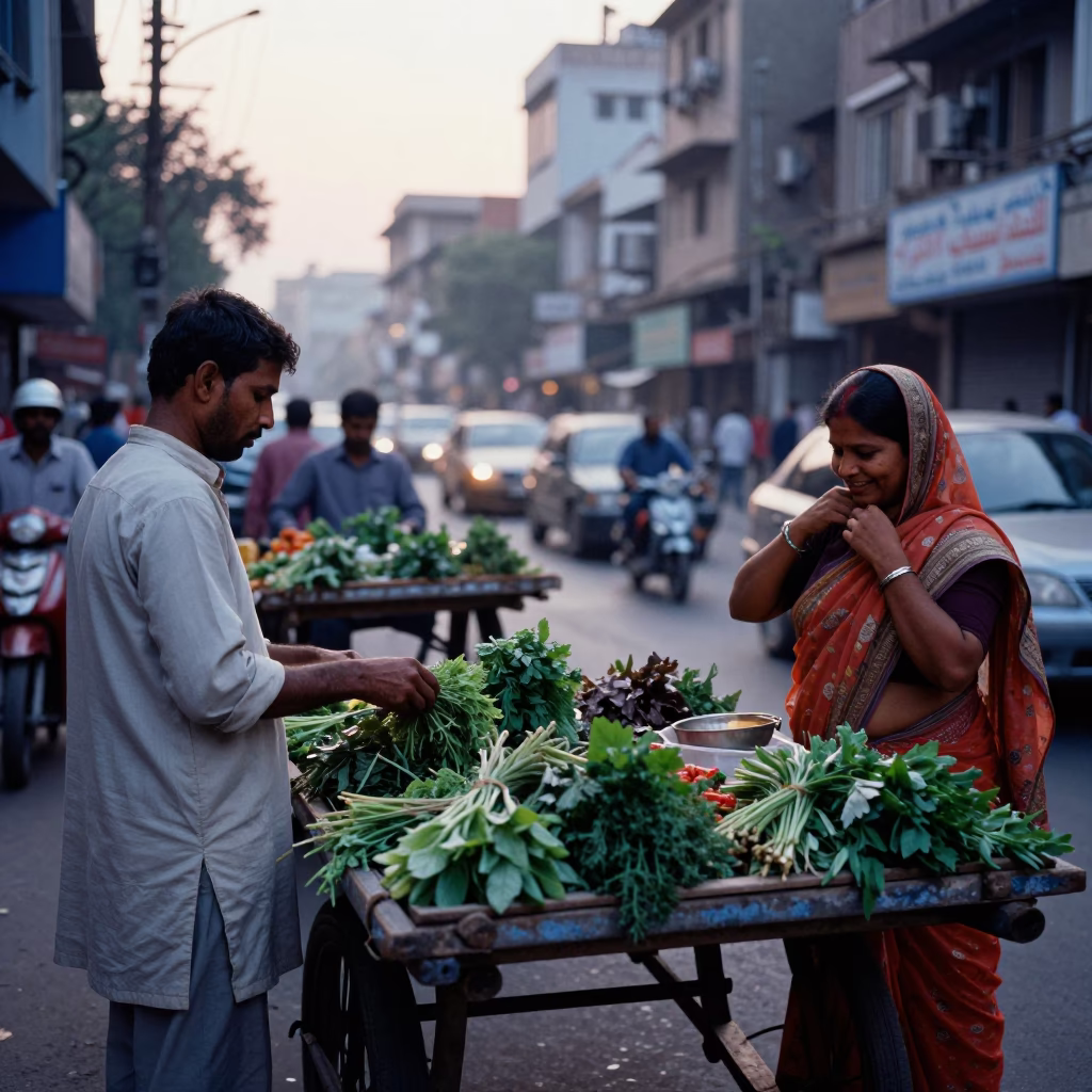 Busy Delhi Street Scene at Dawn with Vendor and Traditional Elements in in Delhi, India