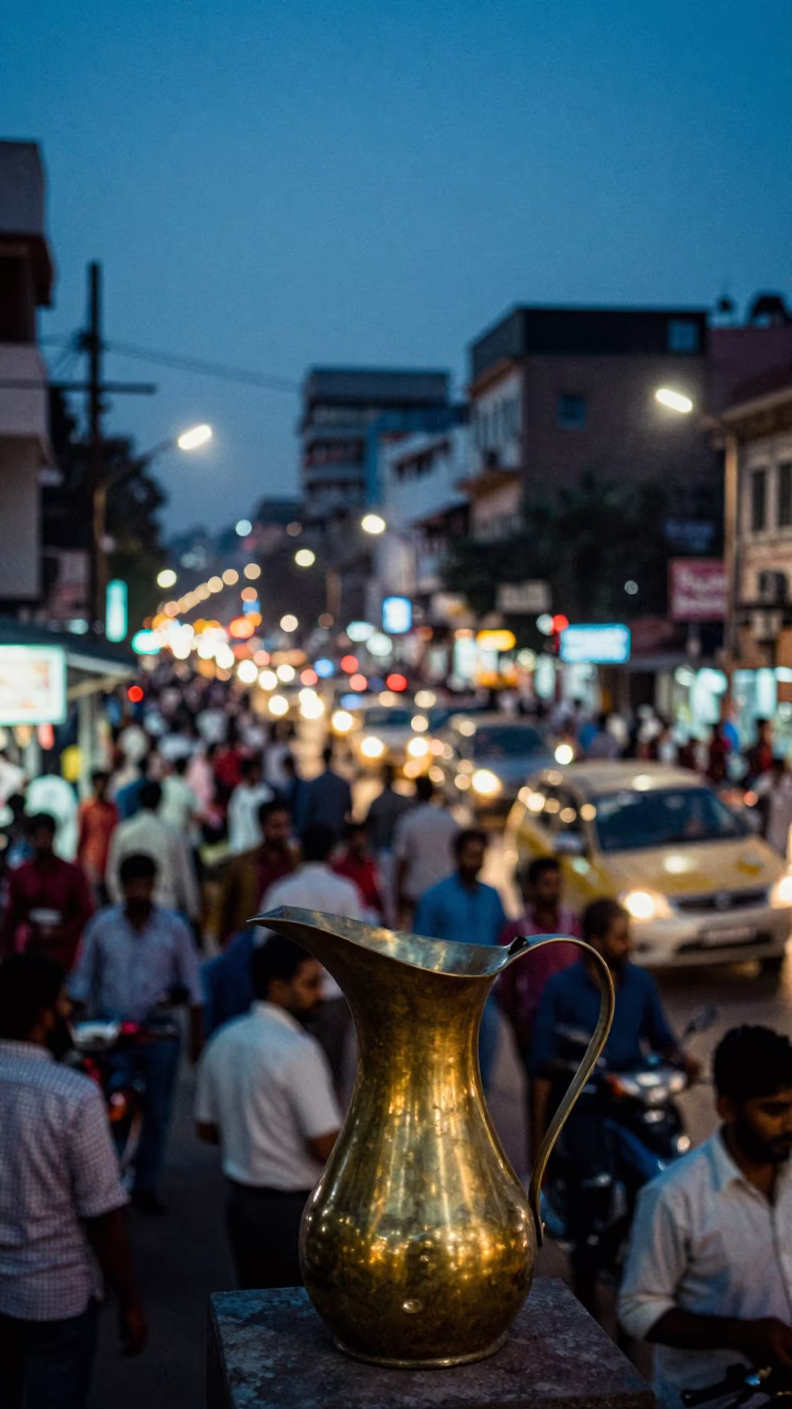 Busy Delhi Street Scene at Dusk with Brass Pitcher and Fruit Stall in in Delhi, India