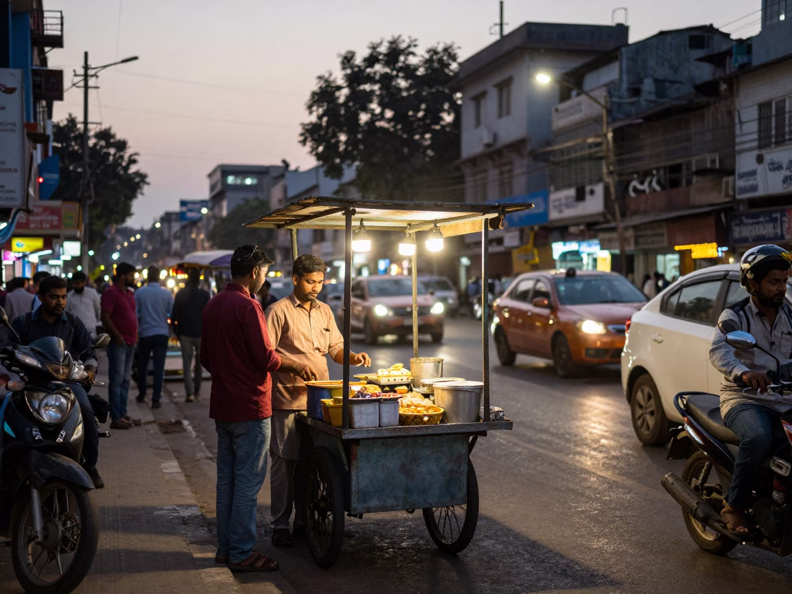 Busy Delhi Street Scene at Dusk with Food Vendor and Traditional Architecture in in Delhi, India