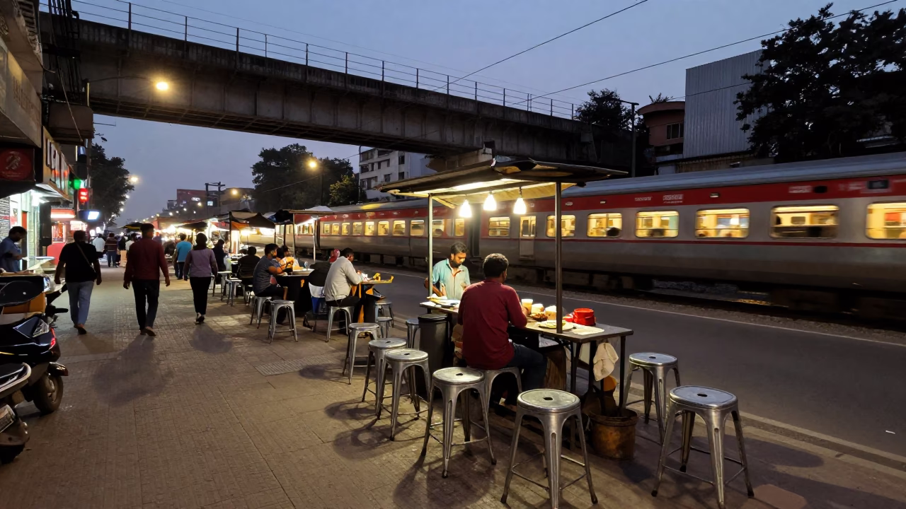 Busy Delhi Street Scene at Dusk with Metal Stools and Train Viaduct in in Delhi, India