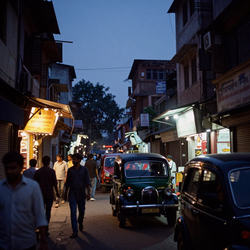 Busy Delhi Street Scene at Dusk with Vintage Auto Rickshaws and Glowing Shop Lights in in Delhi, India