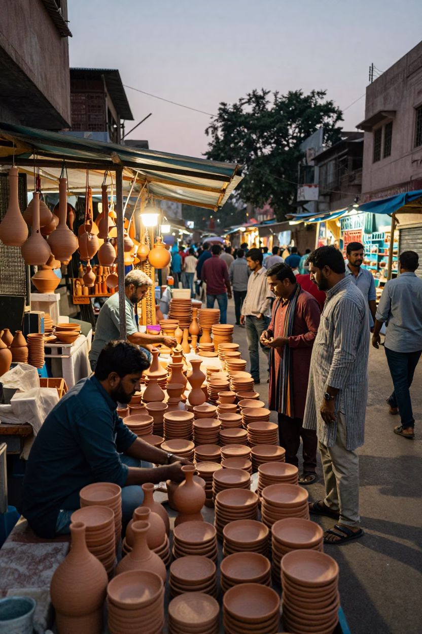 Busy Delhi Street Scene at Early Evening with Pottery Market Stacked Wares in in Delhi, India