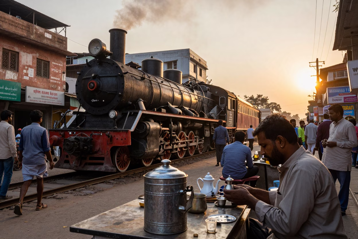 Busy Delhi Street Scene at Golden Hour with Steam Locomotive and Tea Tin in in Delhi, India