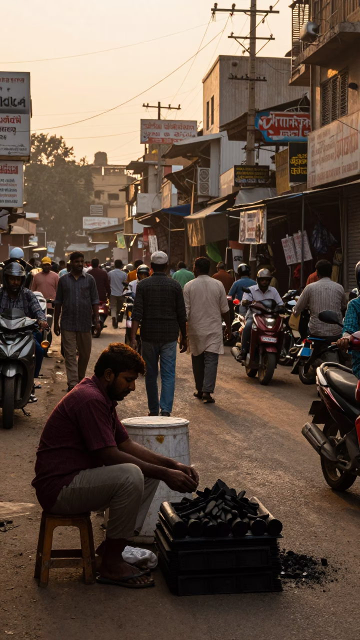 Busy Delhi Street Scene at Golden Hour with Vendor and Charcoal Sticks in in Delhi, India