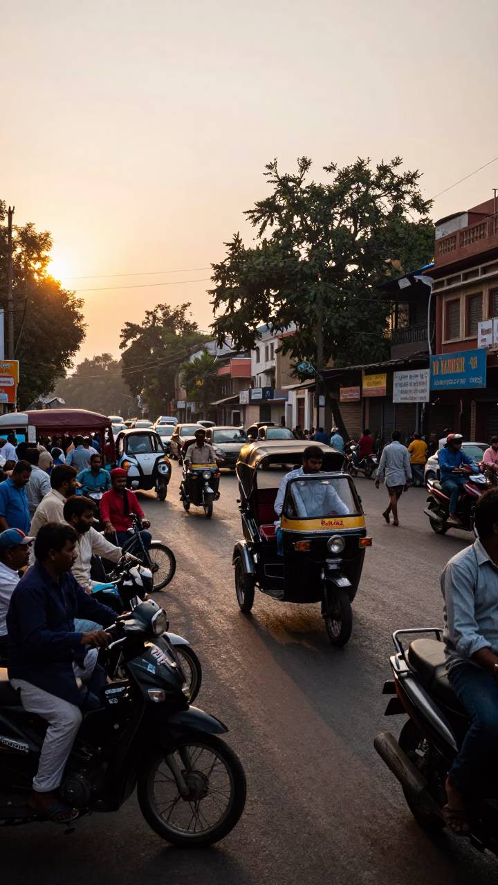 Busy Delhi Street Scene at Golden Hour with Vendors and Pedestrians in in Delhi, India