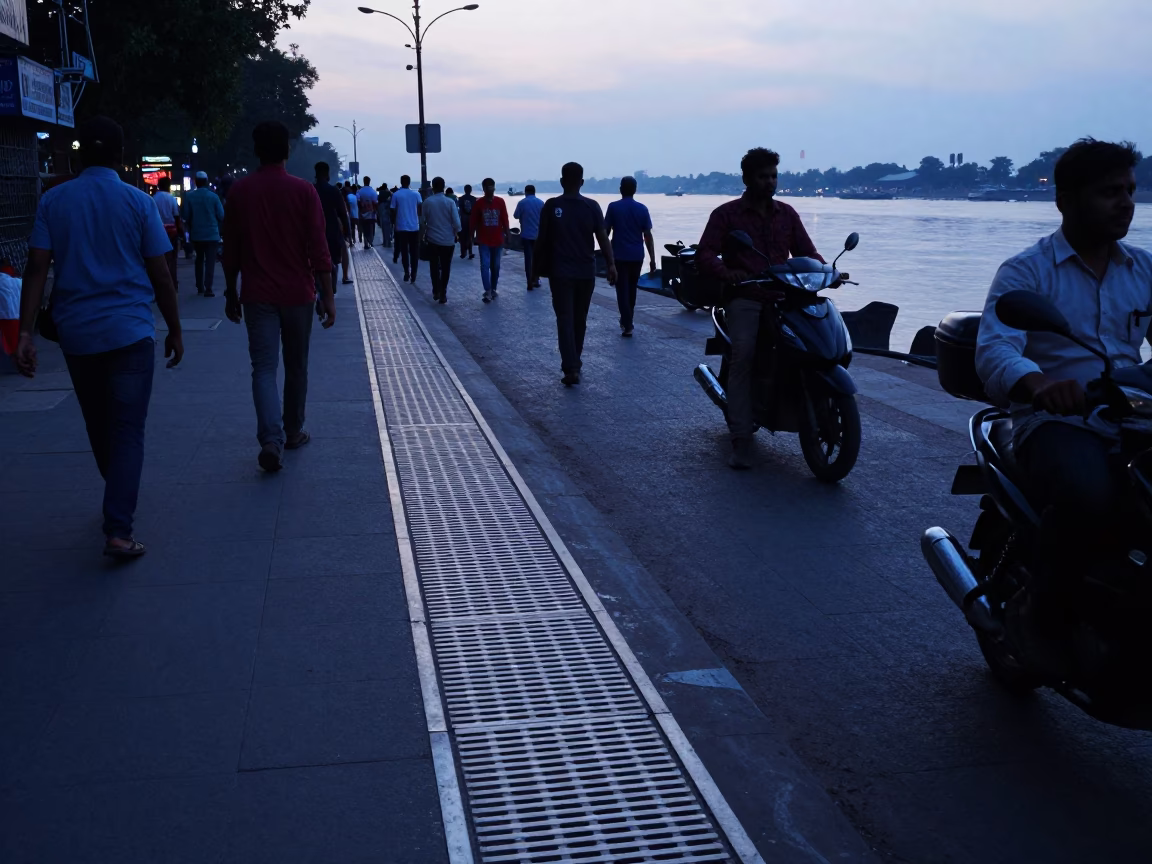 Busy Delhi Street Scene at Nautical Dawn with Brushed Steel Drain and Maintenance Cage in in Delhi, India