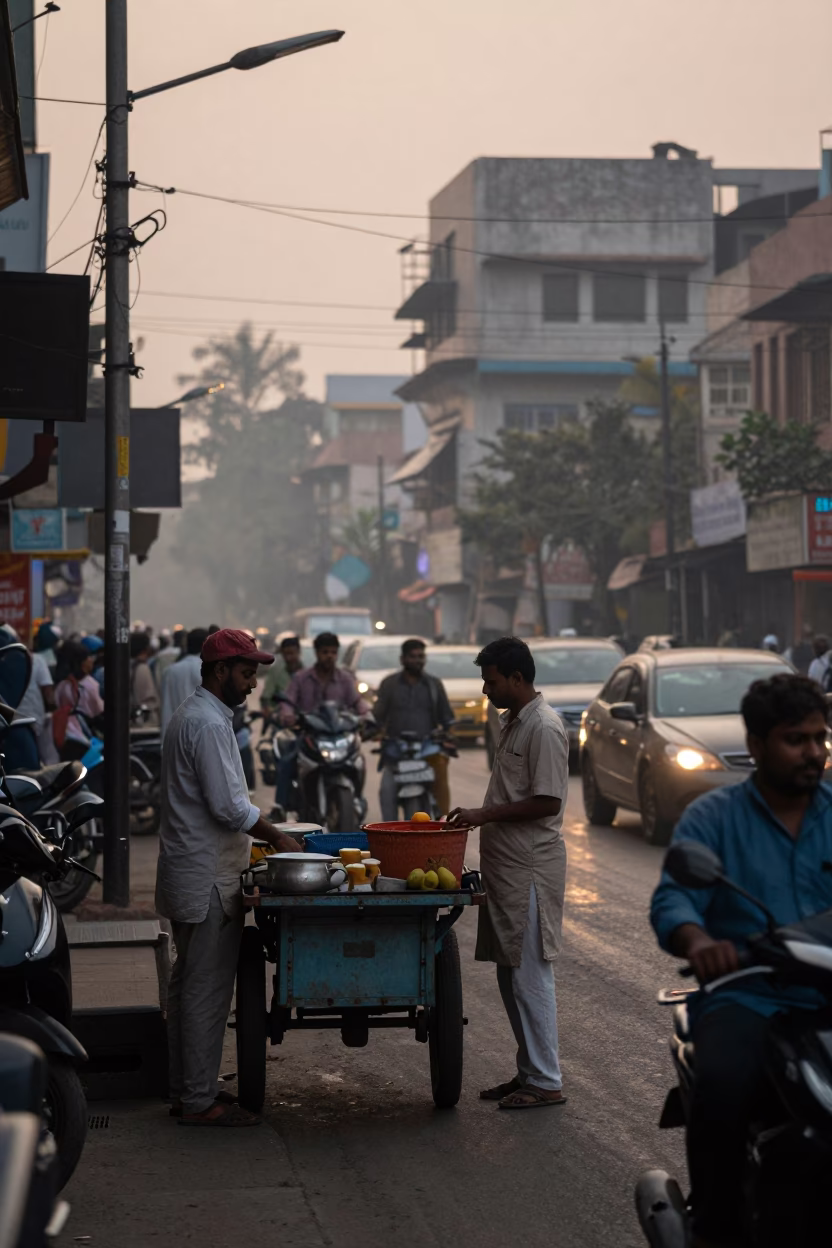 Busy Delhi Street Scene at Nautical Dawn with Local Vendor and Bowl in in Delhi, India