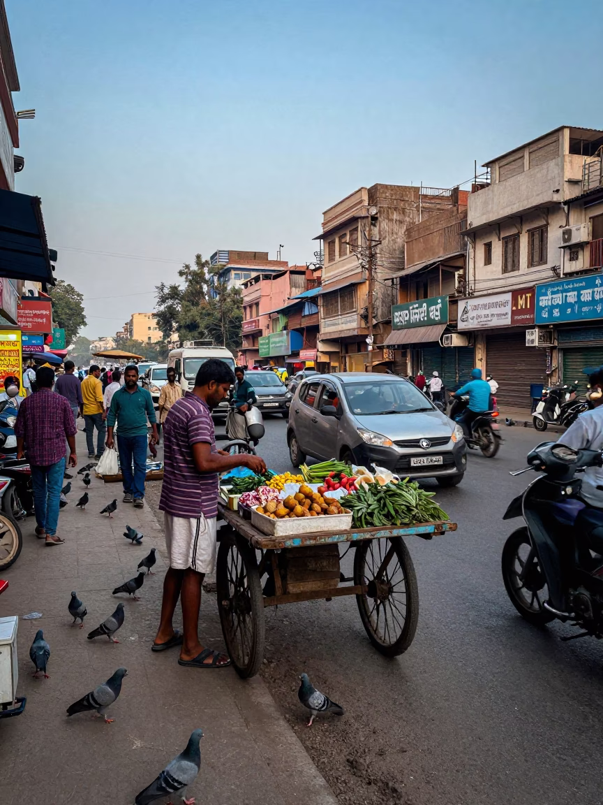 Busy Delhi Street Scene at Nautical Dawn with Pigeons and Local Commerce in in Delhi, India