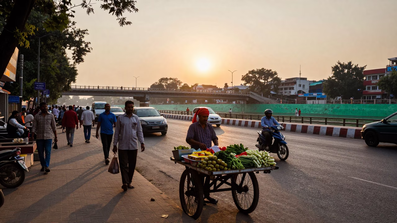 Busy Delhi Street Scene at Sunset with Bridge Maintenance and Local Activity in in Delhi, India