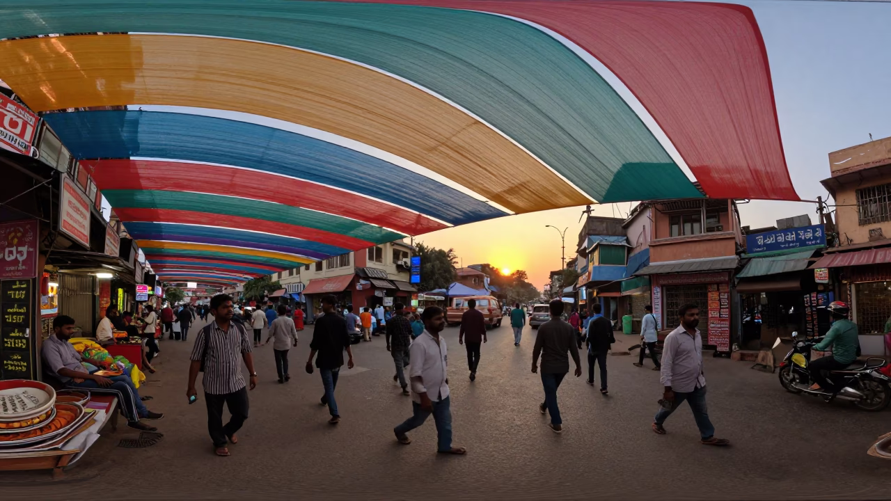 Busy Delhi Street Scene at Sunset with Colorful Canopy and Urban Life in in Delhi, India