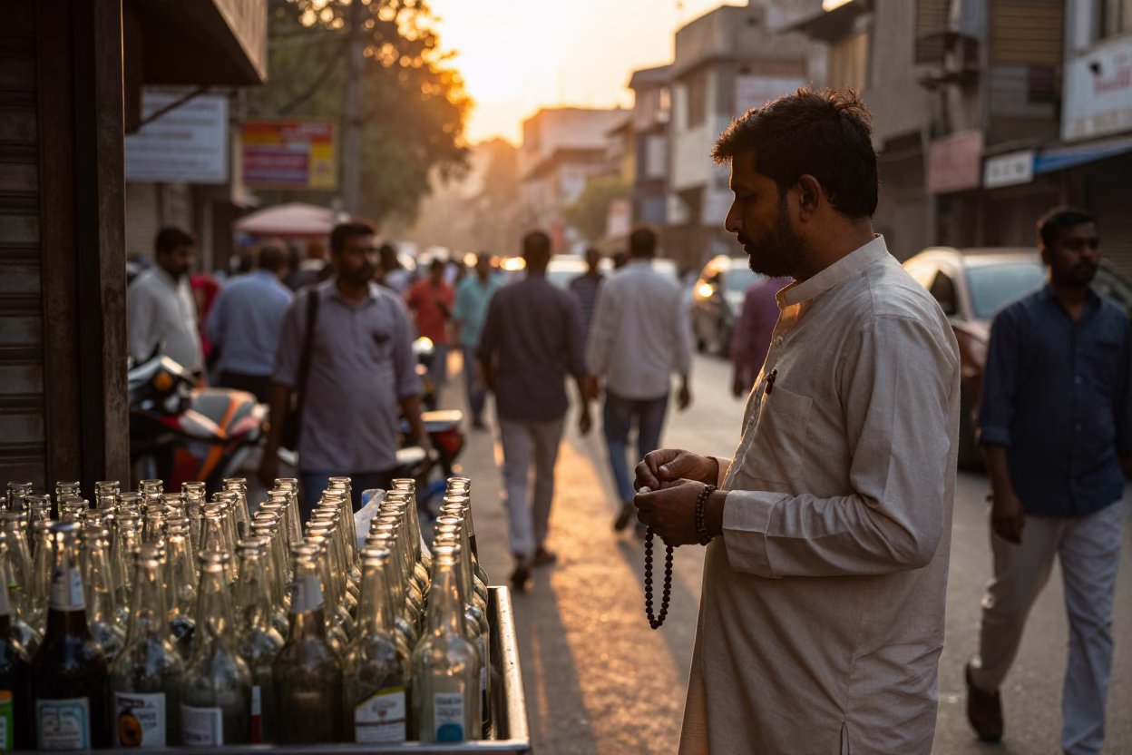 Busy Delhi Street Scene at Sunset with Glass Bottles and Prayer Beads in in Delhi, India